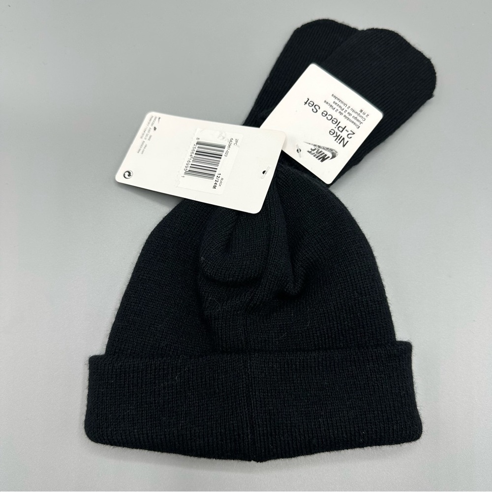 Nike Beanie Hat and Mittens 2 Piece Infant Toddler Baby Set Size 12/24M Black - Picture 2 of 7